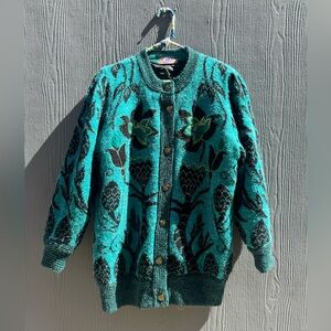 Vintage New Wang Kong Knit Cardigan With Floral Appliqué Size MD